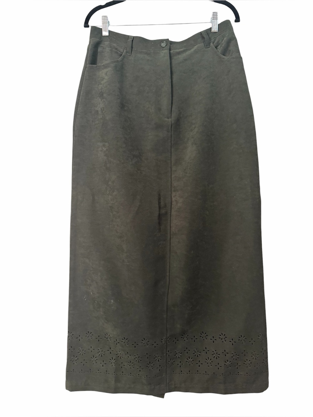 Faux Suede Olive Green Maxi Skirt with Cut Out Pattern (32” Waist)